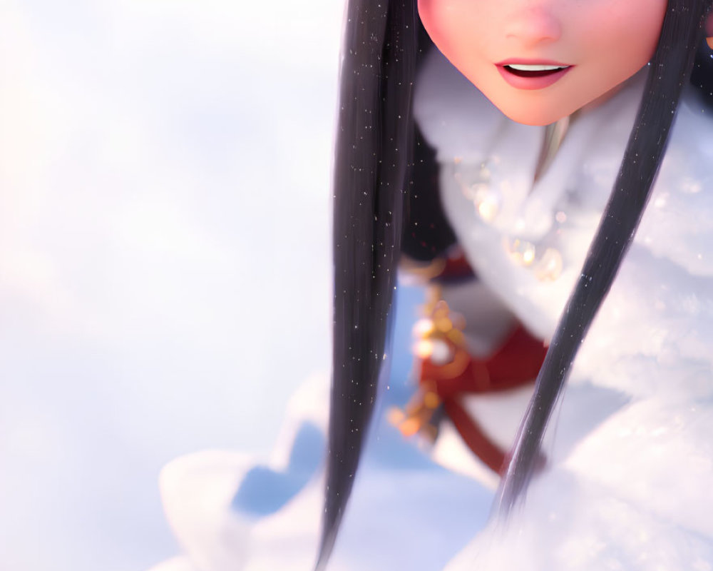 Close-Up 3D Animated Character with Green Eyes and Snowflakes in Hair