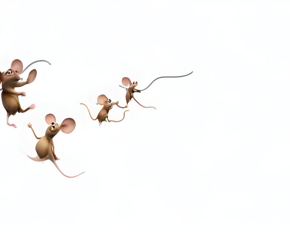 Four Flying Animated Mice in Various Poses on White Background