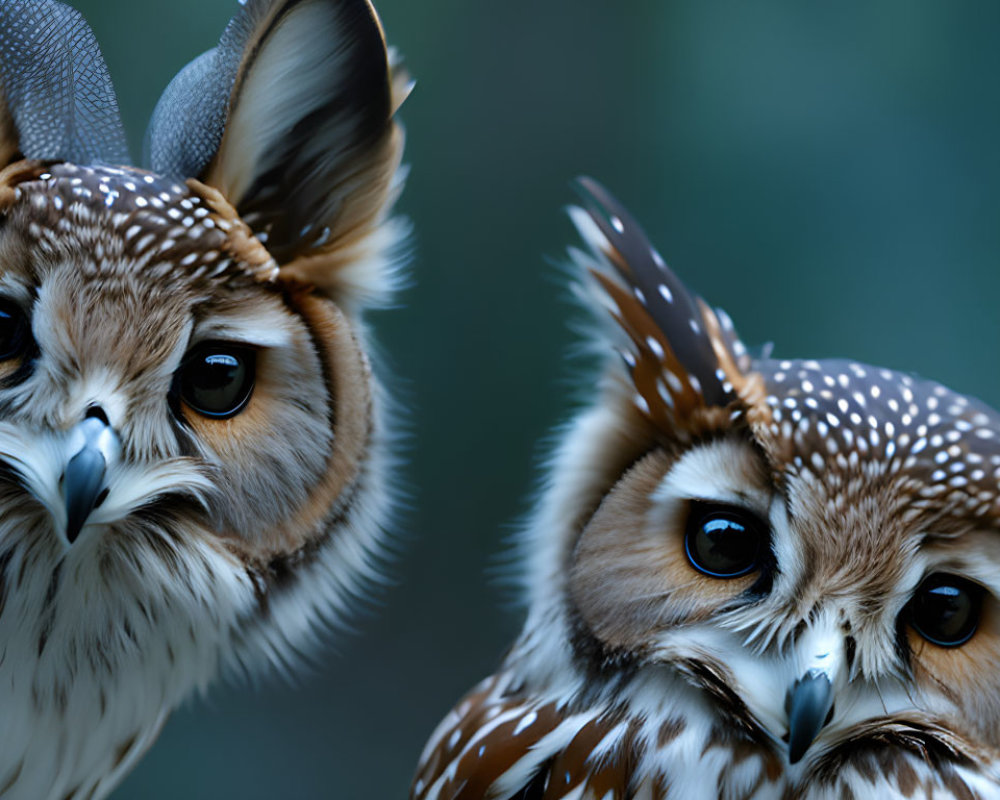 Brown and White Owls with Large Black Eyes on Blurry Blue Background