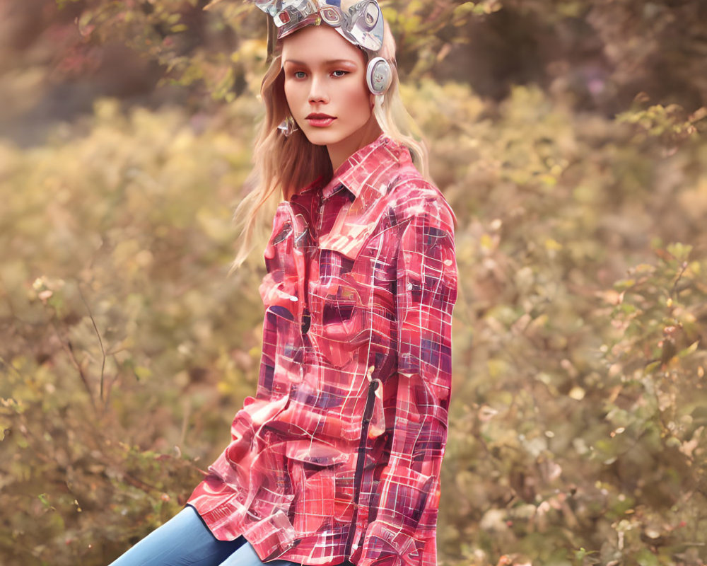 Woman in Red Plaid Shirt with Floral Headphones Amidst Greenery