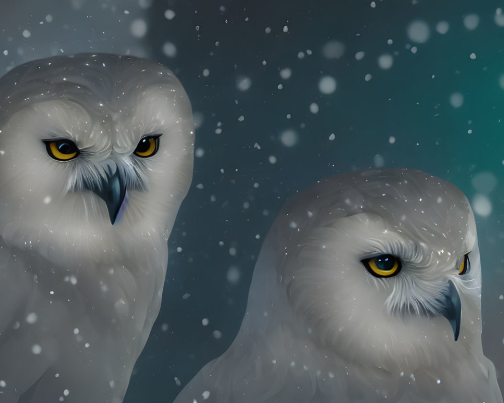 Snowy Owls with Yellow Eyes Perched in Snowy Night Scene