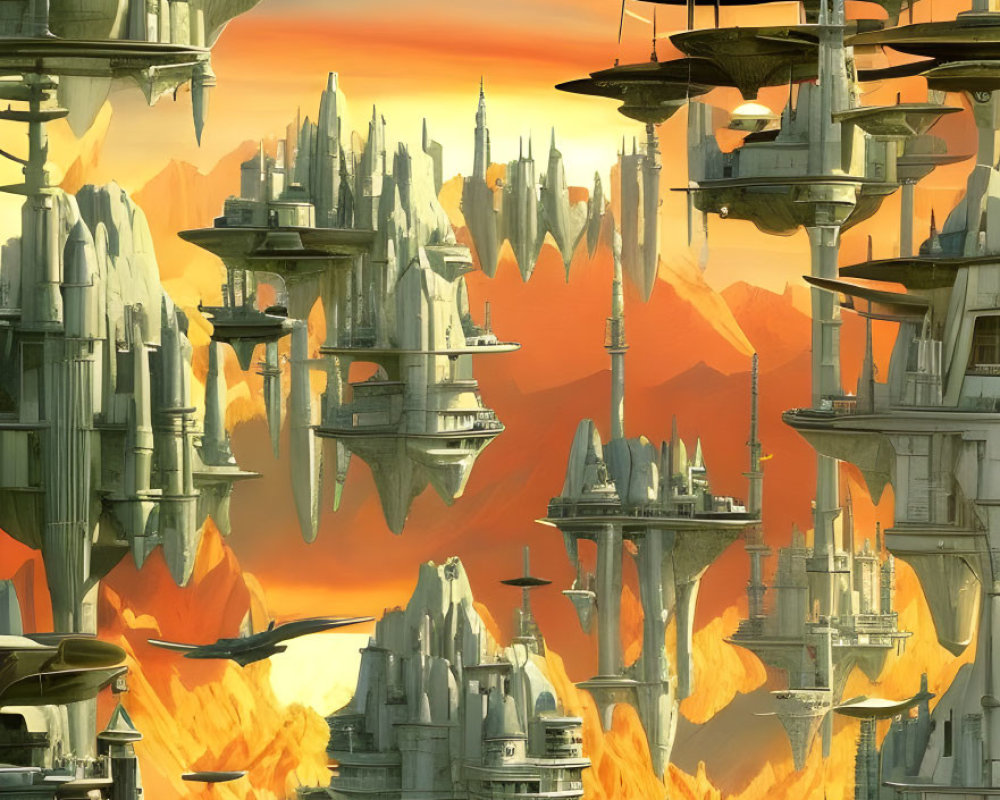 Futuristic cityscape with towering spires and floating platforms at sunset