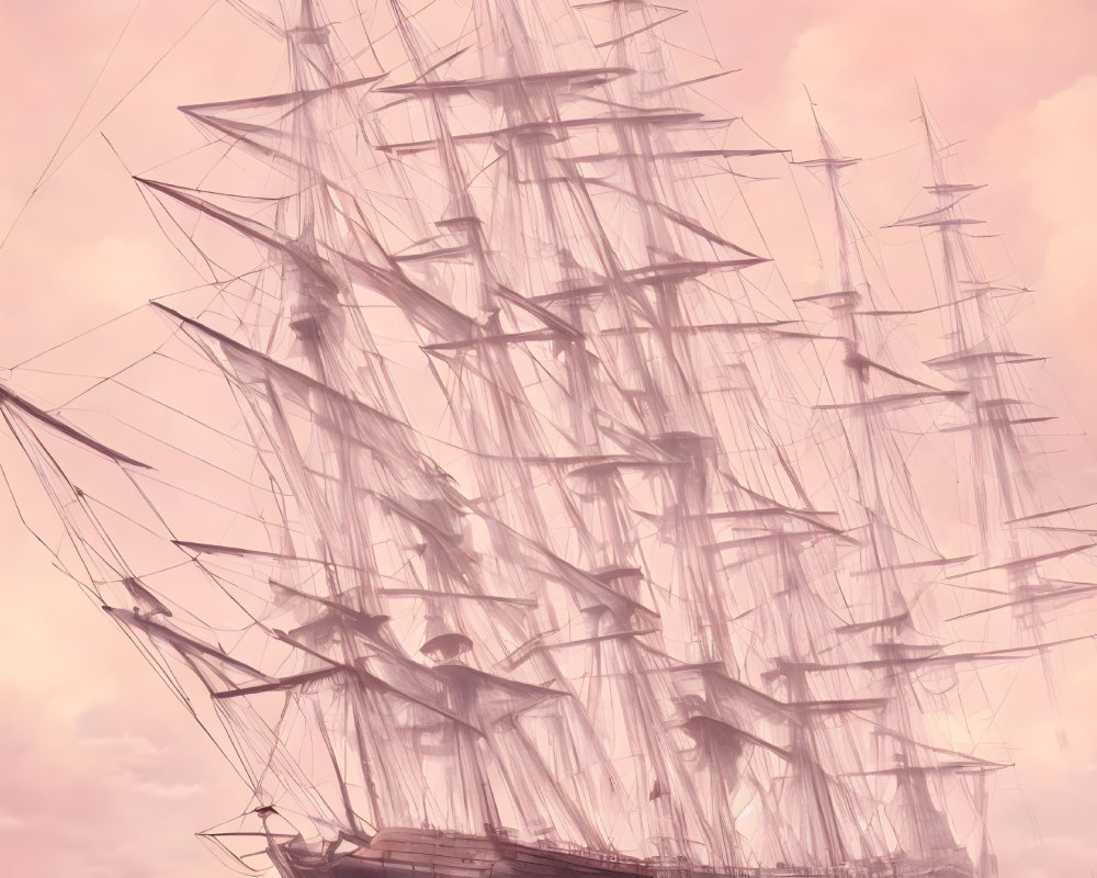 Tall ship with multiple masts and sails in pink sky