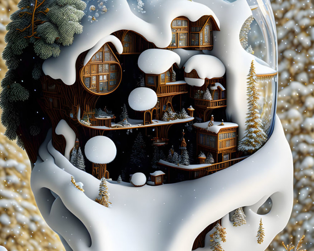 Surreal snow-covered tree with transparent bubble revealing cozy houses in wintry landscape