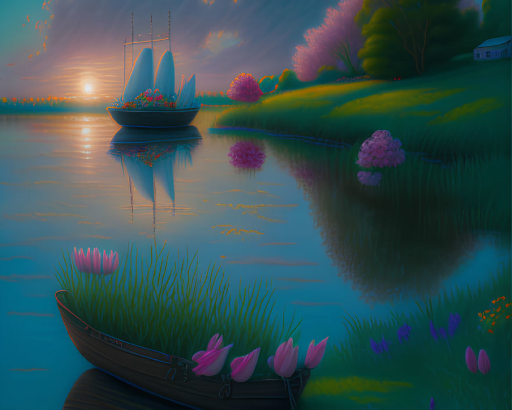 Colorful painting of boat on river with flowers, sailing ship, and sunset.