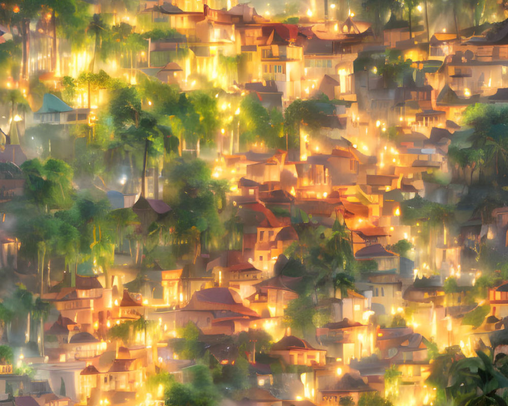 Mystical village at dawn: golden houses, lush greenery, hilltop castle