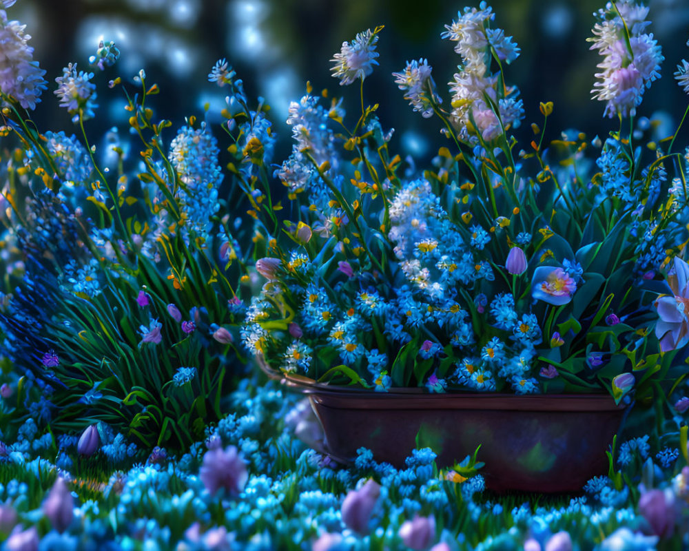 Colorful flower-filled container in blue and pink meadow at twilight