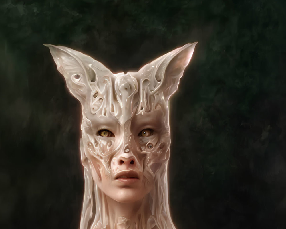 Intricate Cat-Like Mask Portrait on Dark Background