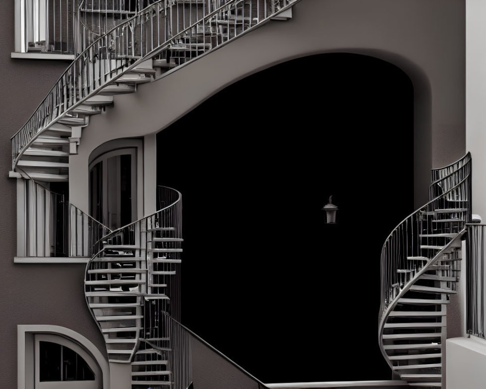 Symmetrical swirling staircases at arched entrance