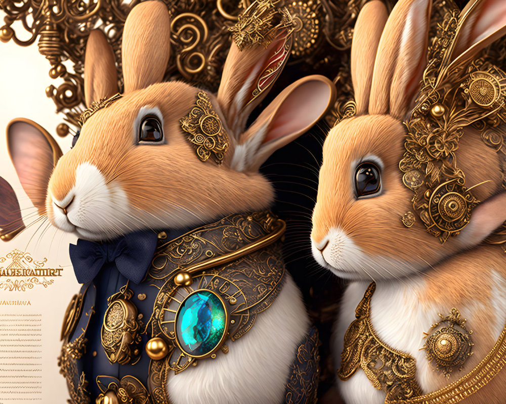 Steampunk-styled rabbits with golden gears and ornate clothing.