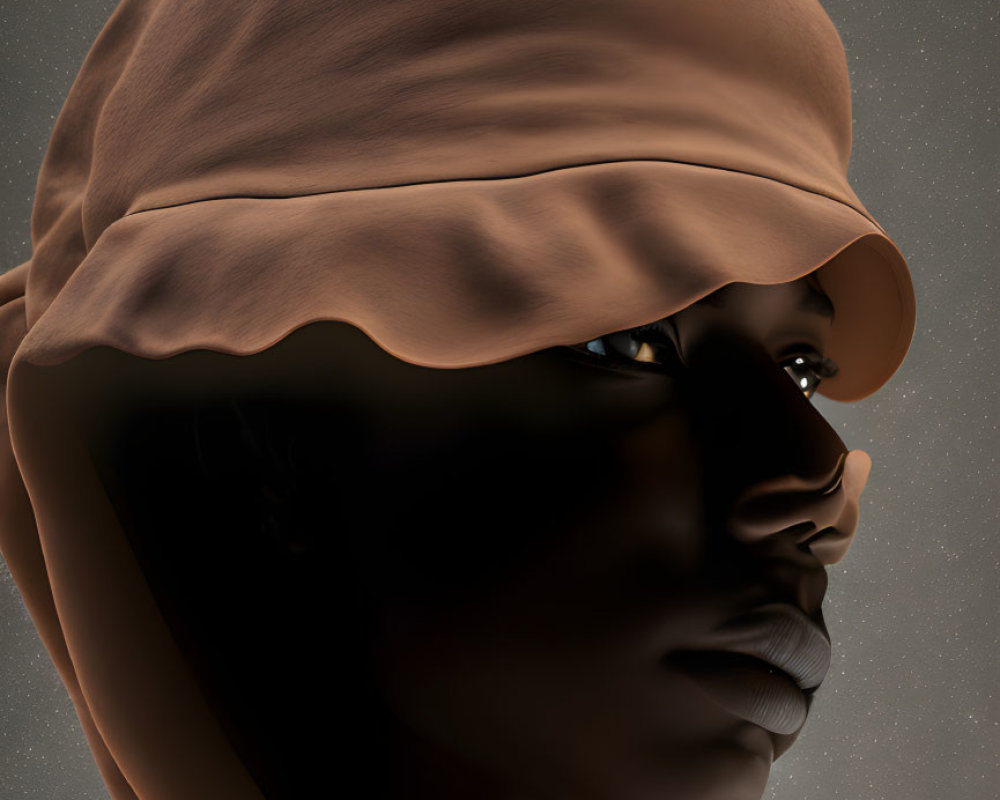 Dark-skinned person in textured cap against speckled backdrop