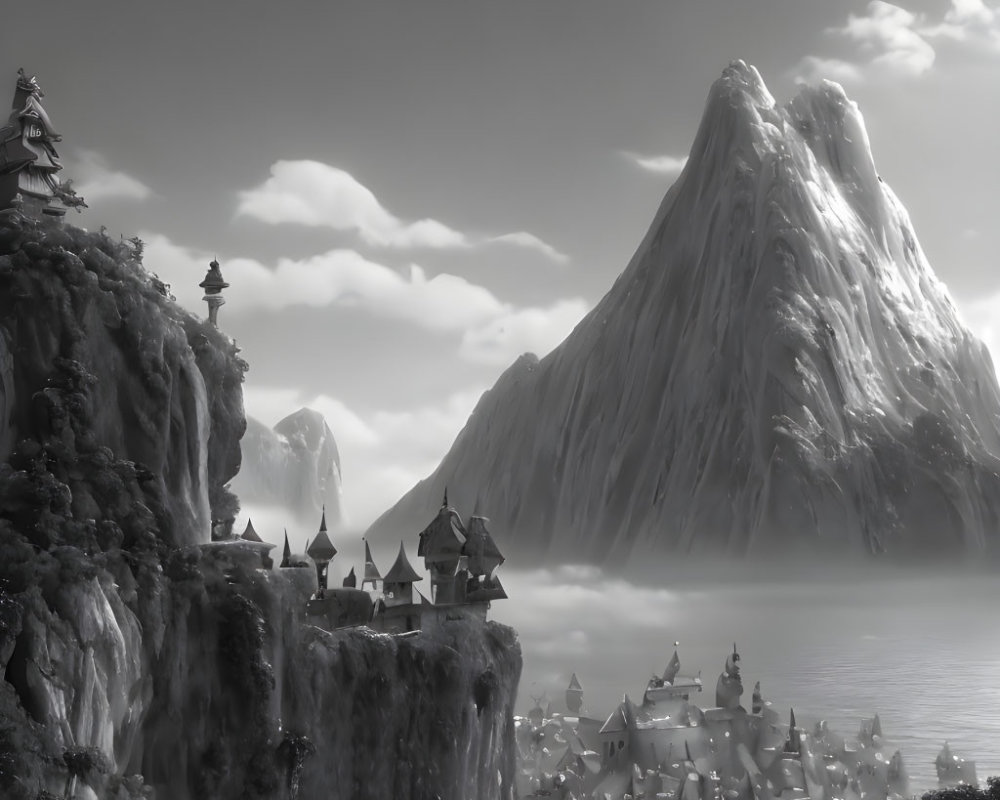 Monochrome fantasy landscape with sharp mountains and cliff-side village.