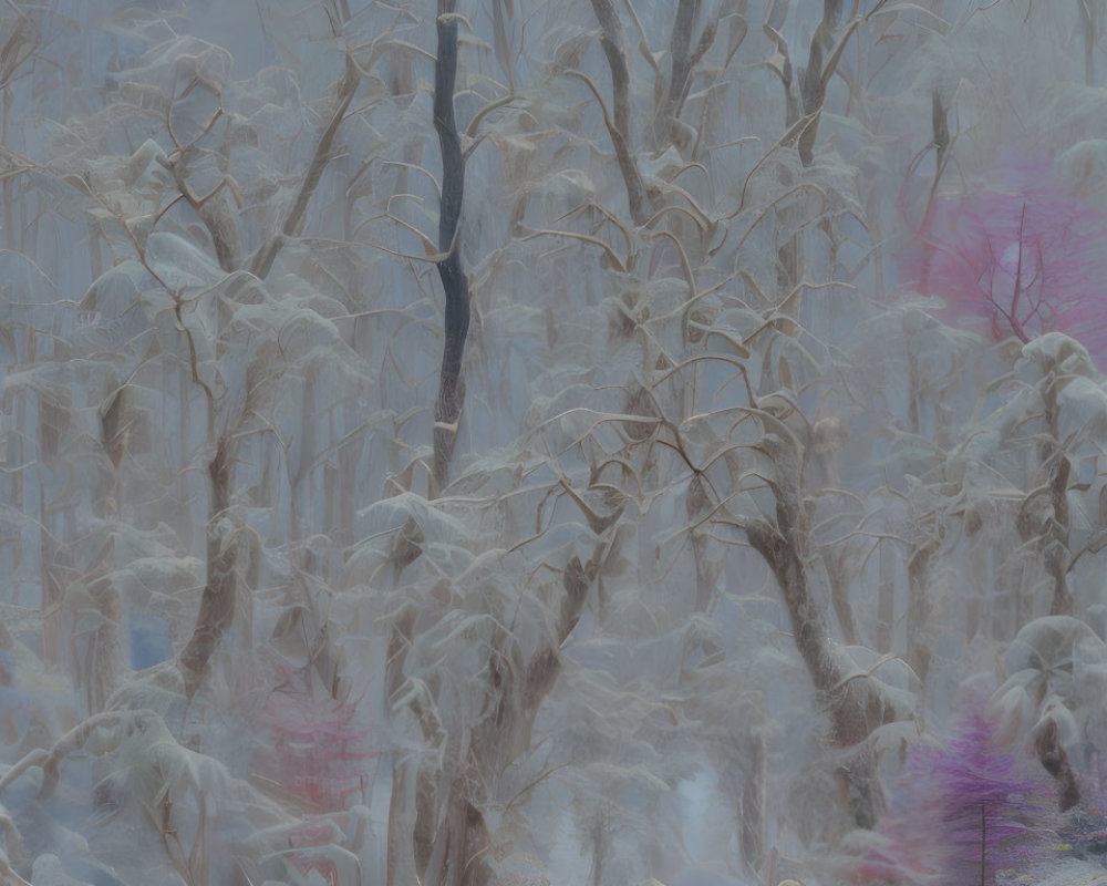 Snow-covered trees in mystical winter forest with purple and pink hues