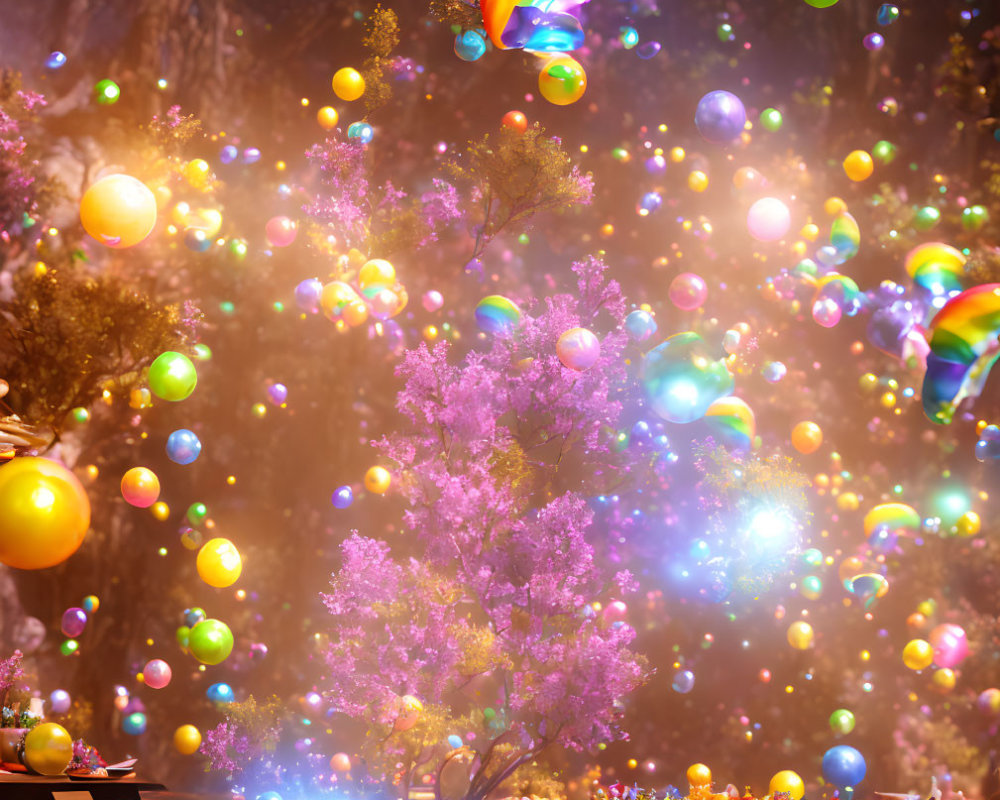 Colorful bubbles and blooming tree in festive scene