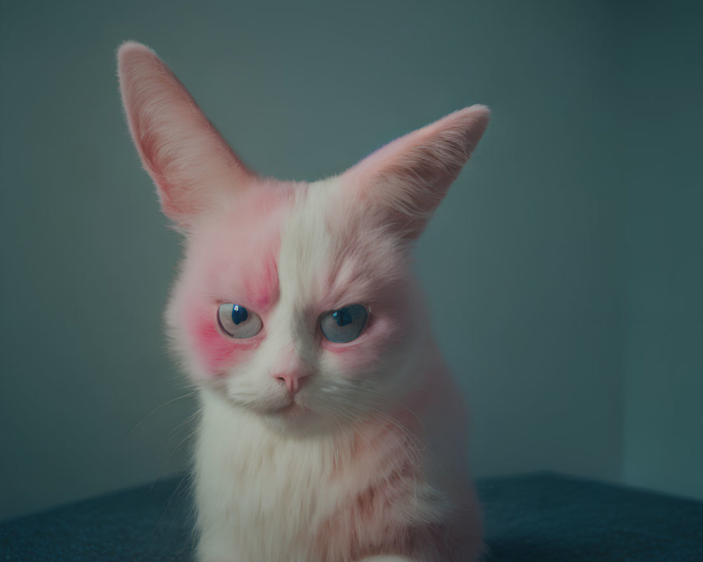 White Cat with Pink Hues, Large Ears, and Blue Eyes on Grey Background