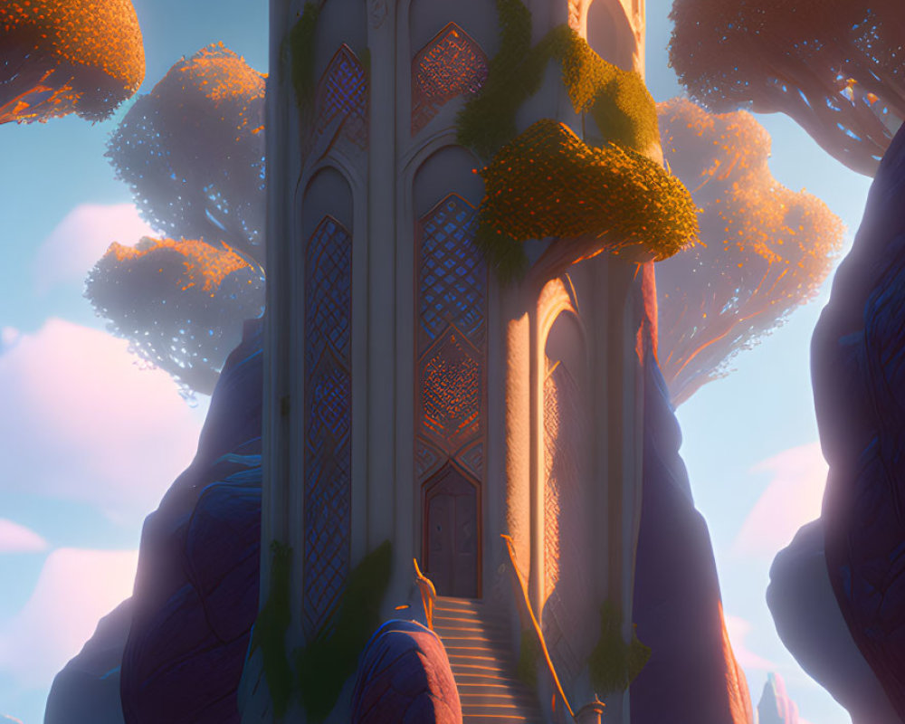 Mystical tower with arched windows on verdant cliff in warm sunlight