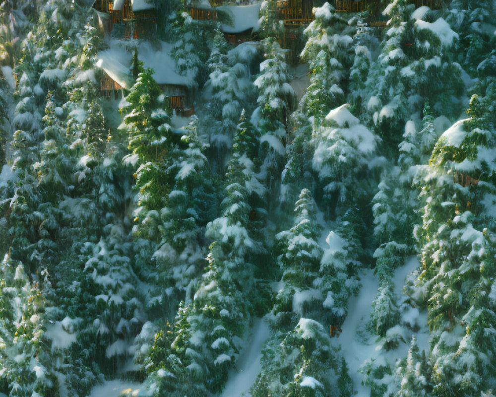 Winter cabins surrounded by pine trees on snowy hillside with sunlight filtering through forest