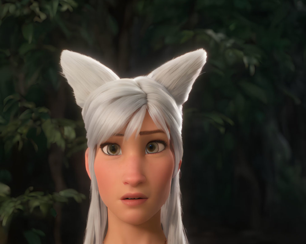 Surprised female character with fox ears, golden eyes, and silver hair in dark forest