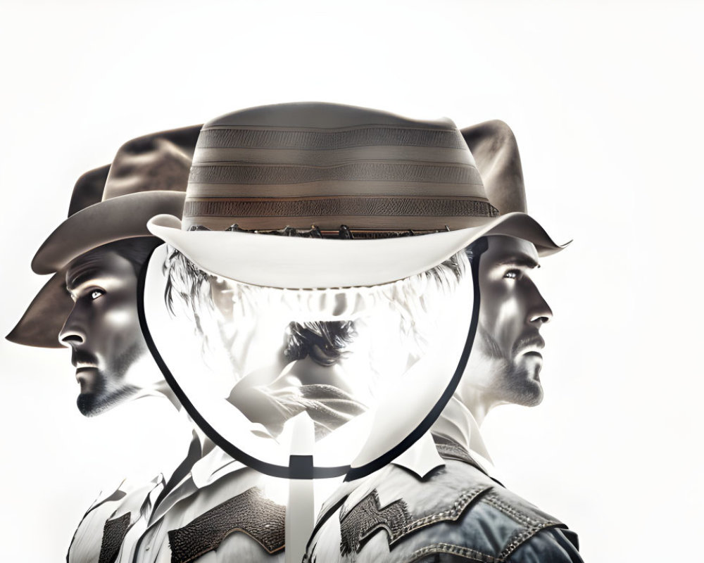 Translucent Masculine Profiles Surround Opaque Face with Hat