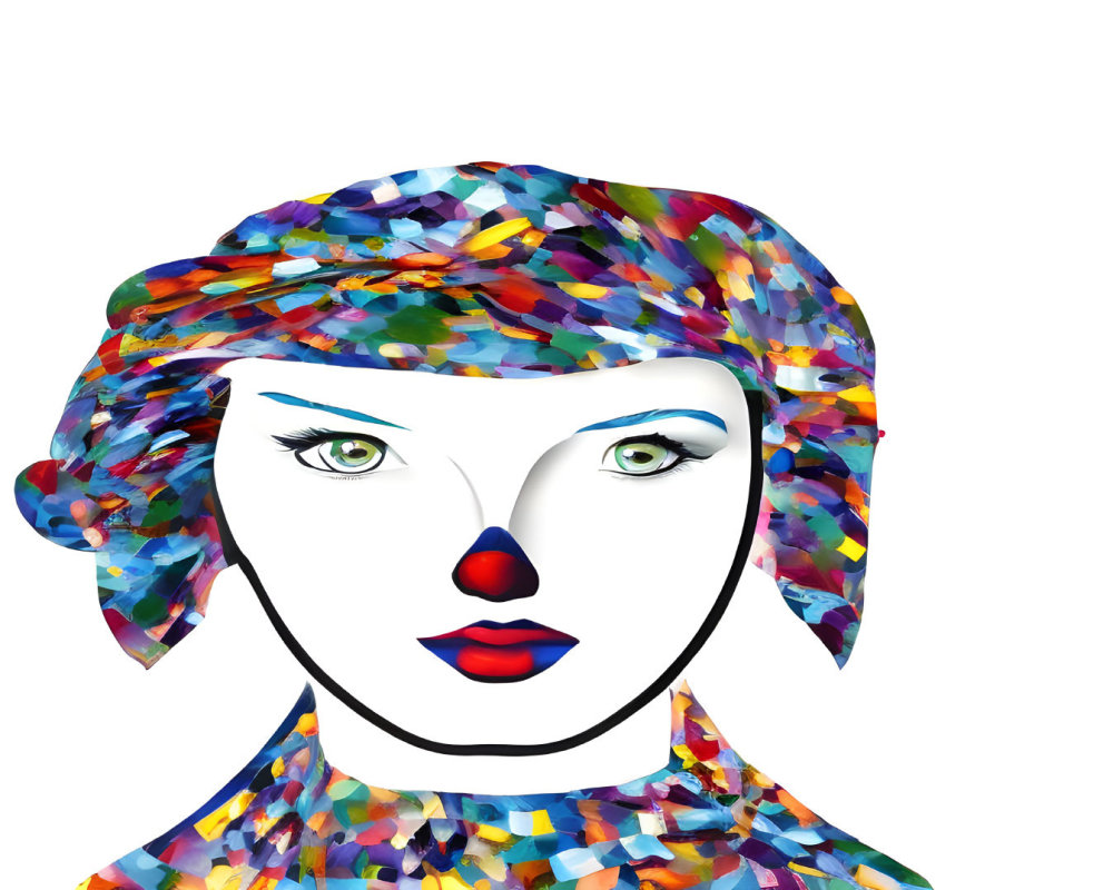 Vivid abstract digital art: stylized woman's face with colorful headscarf