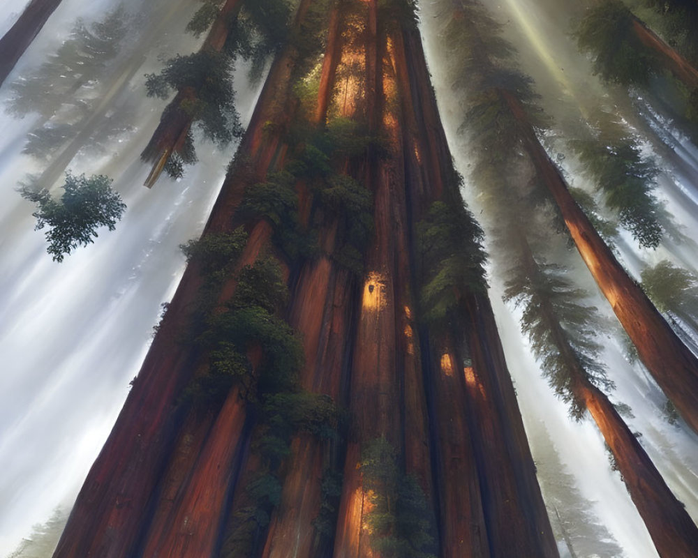 Majestic redwood trees in mist with sunlight and a small figure