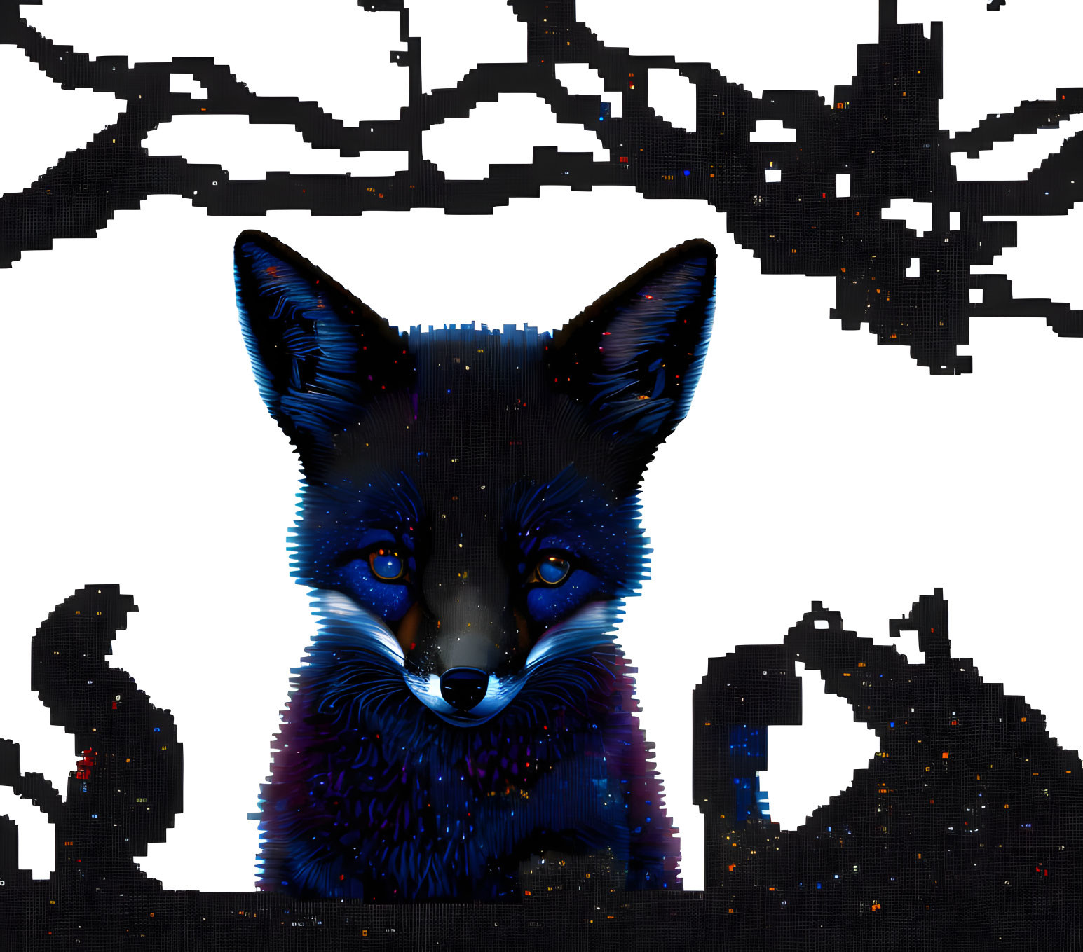 Blue and Black Fox Digital Art with Cosmic Texture on Translucent Background