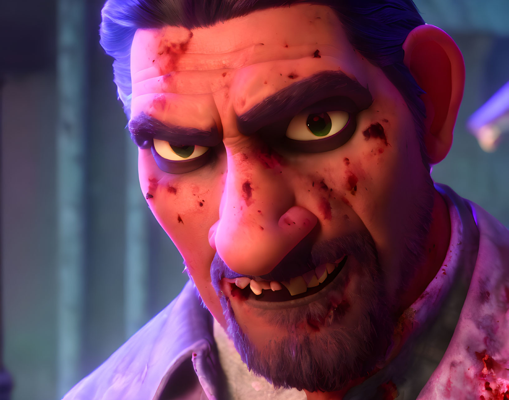 Menacing animated character with blood spatters and intense green eyes