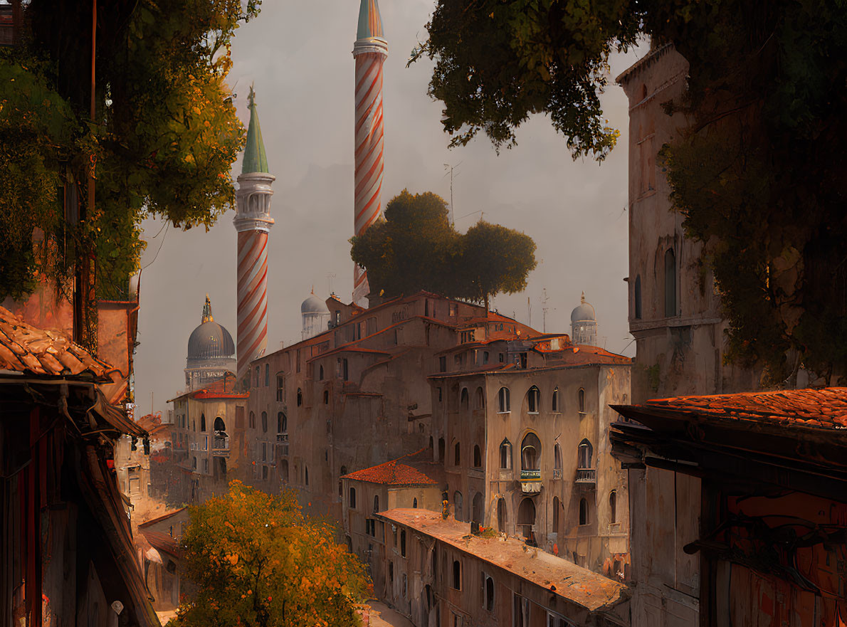 Old European-style town with terracotta roofs and spires in warm sunlight