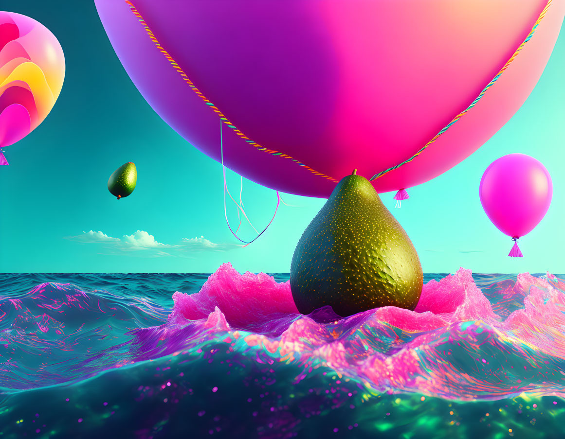 Colorful digital artwork: Giant avocado on pink ice floe with balloons over turquoise ocean