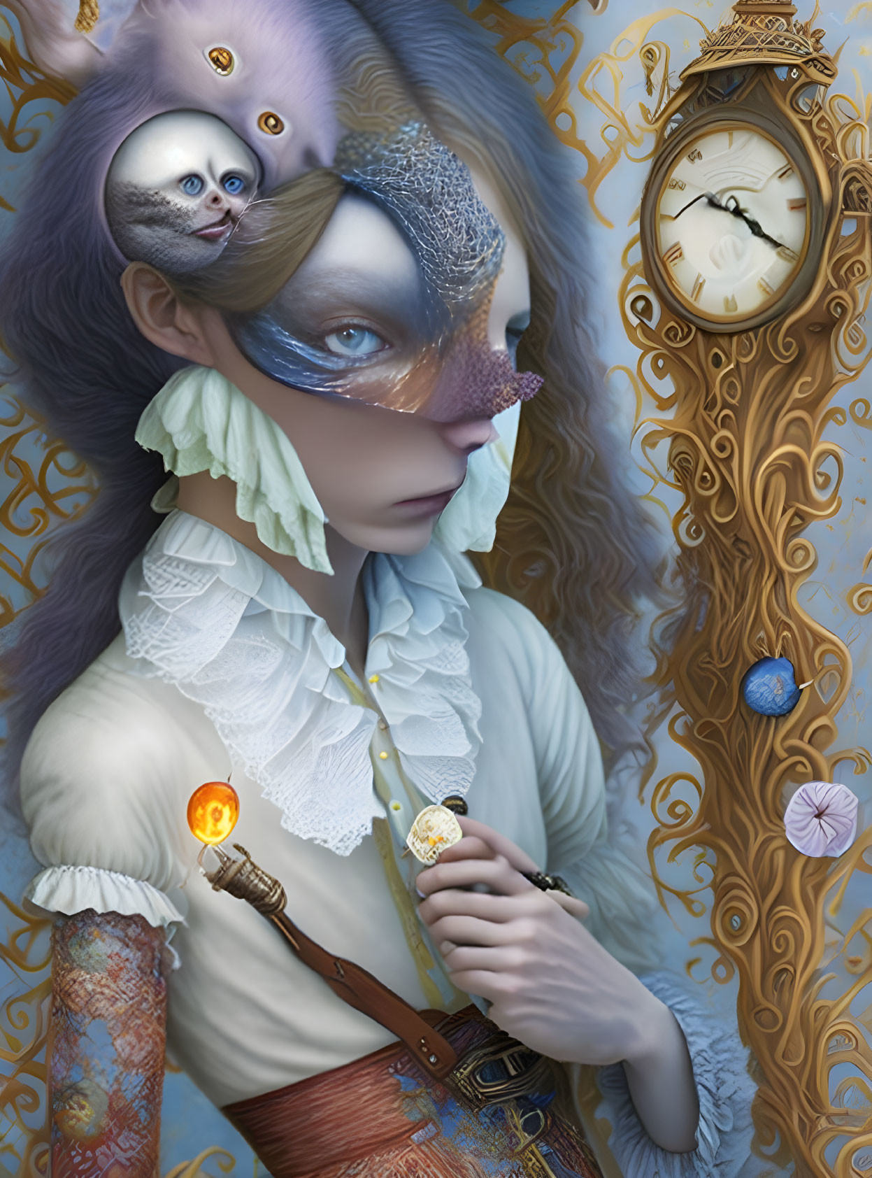 Ethereal woman with ornate makeup and timepiece beside whimsical clock