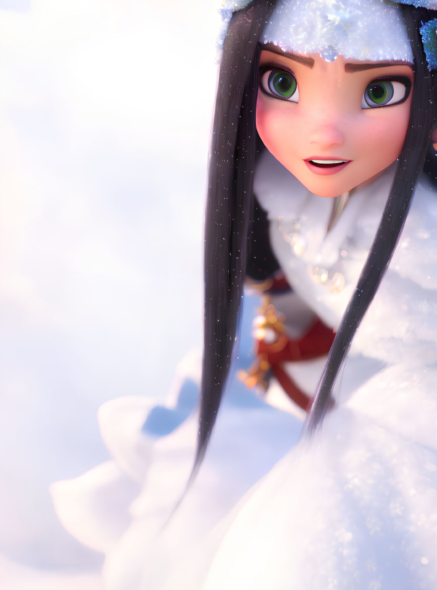 Close-Up 3D Animated Character with Green Eyes and Snowflakes in Hair