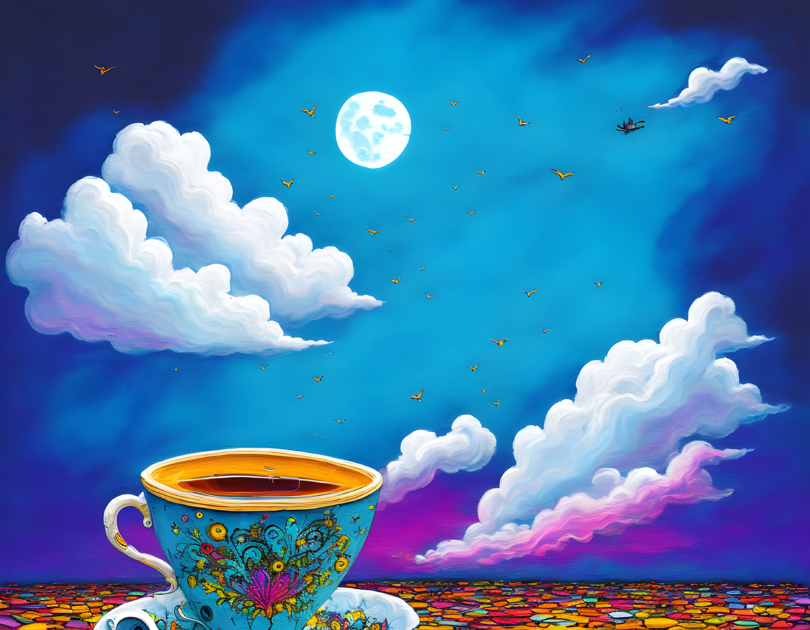 Colorful Teacup Illustration on Tiled Surface with Moon, Sky, and Birds