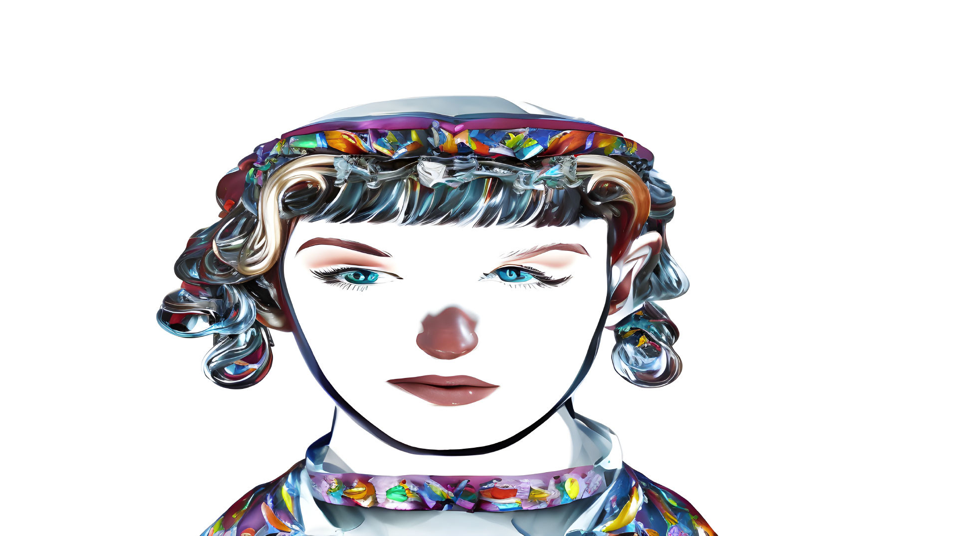 Colorful headscarf on female figure with glossy skin texture - digital art.