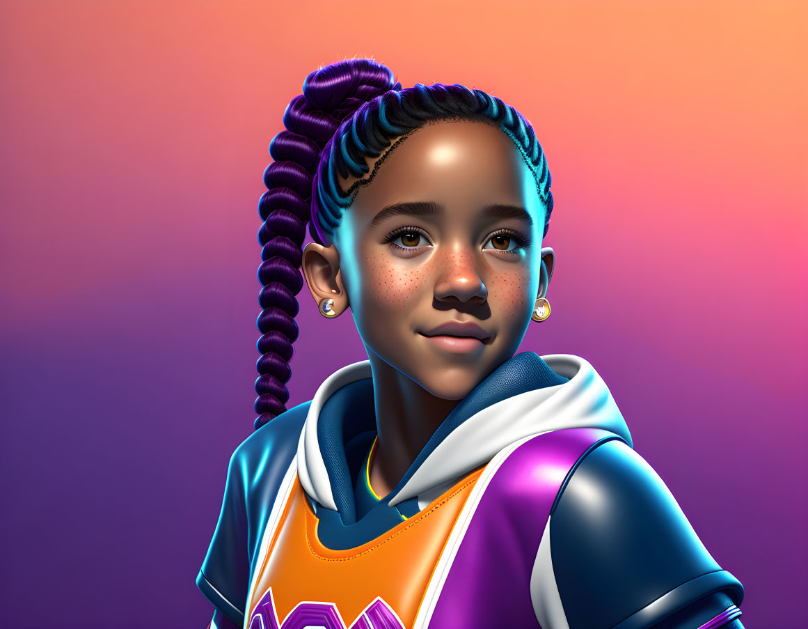 Blue Braided Hair Girl in Futuristic Clothing on Gradient Background