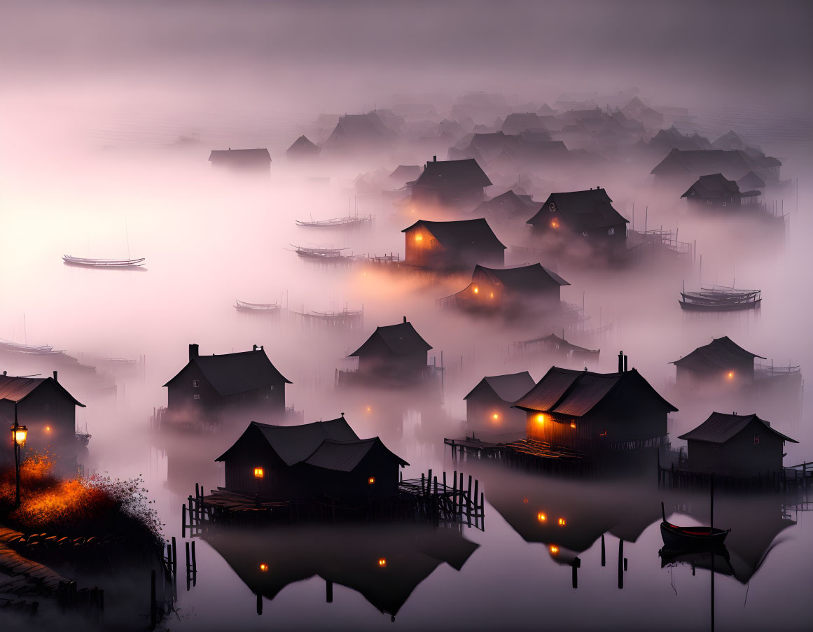 Tranquil village scene with mist, glowing lights, reflections, and moored boats