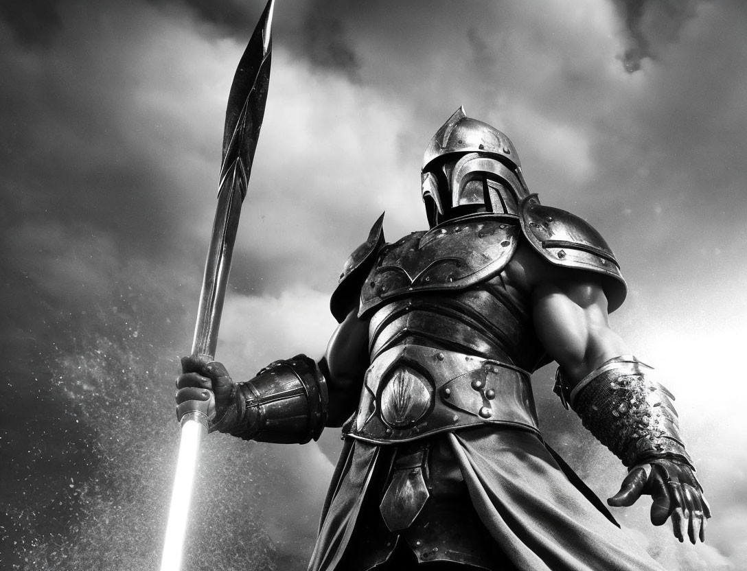 Monochrome image: Ancient warrior in armor with spear under dramatic sky