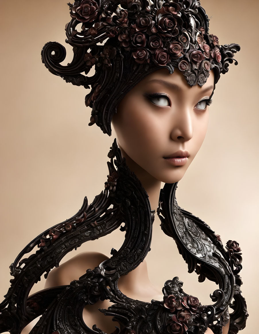 Female figure with black floral headpiece and rose-adorned armor on beige backdrop