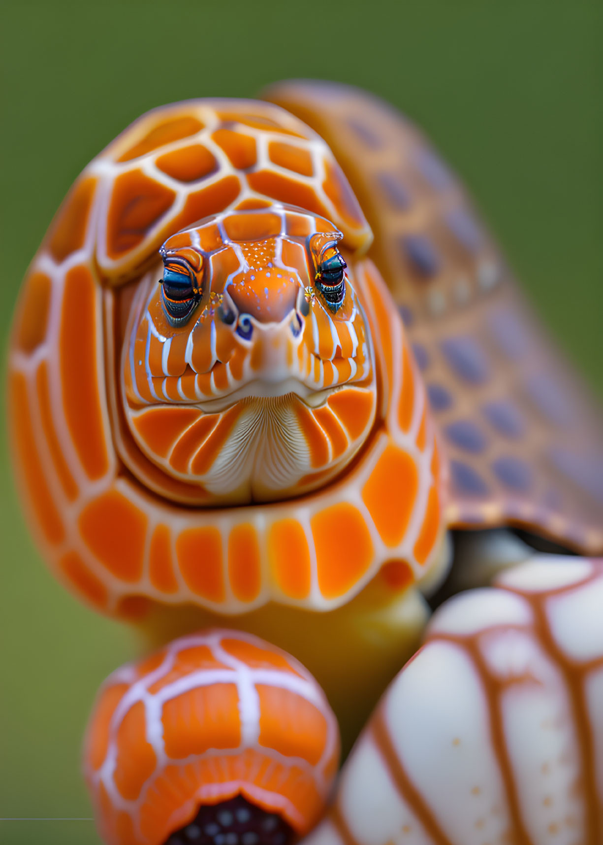 Colorful patterned turtle with intricate shell designs in close-up view