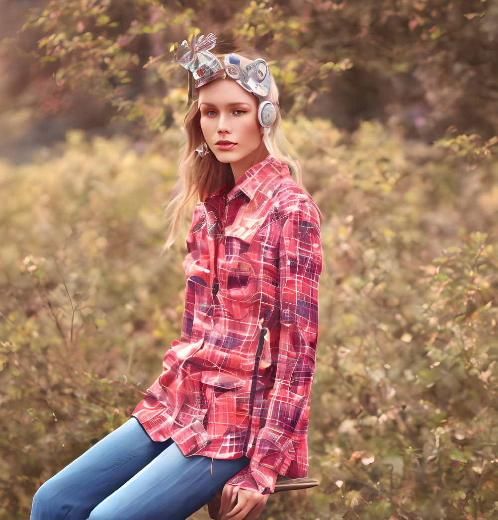 Woman in Red Plaid Shirt with Floral Headphones Amidst Greenery