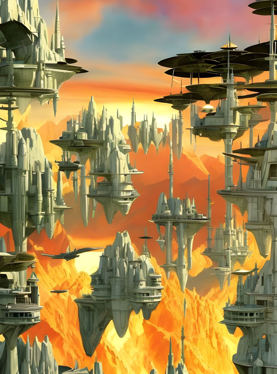 Futuristic cityscape with towering spires and floating platforms at sunset