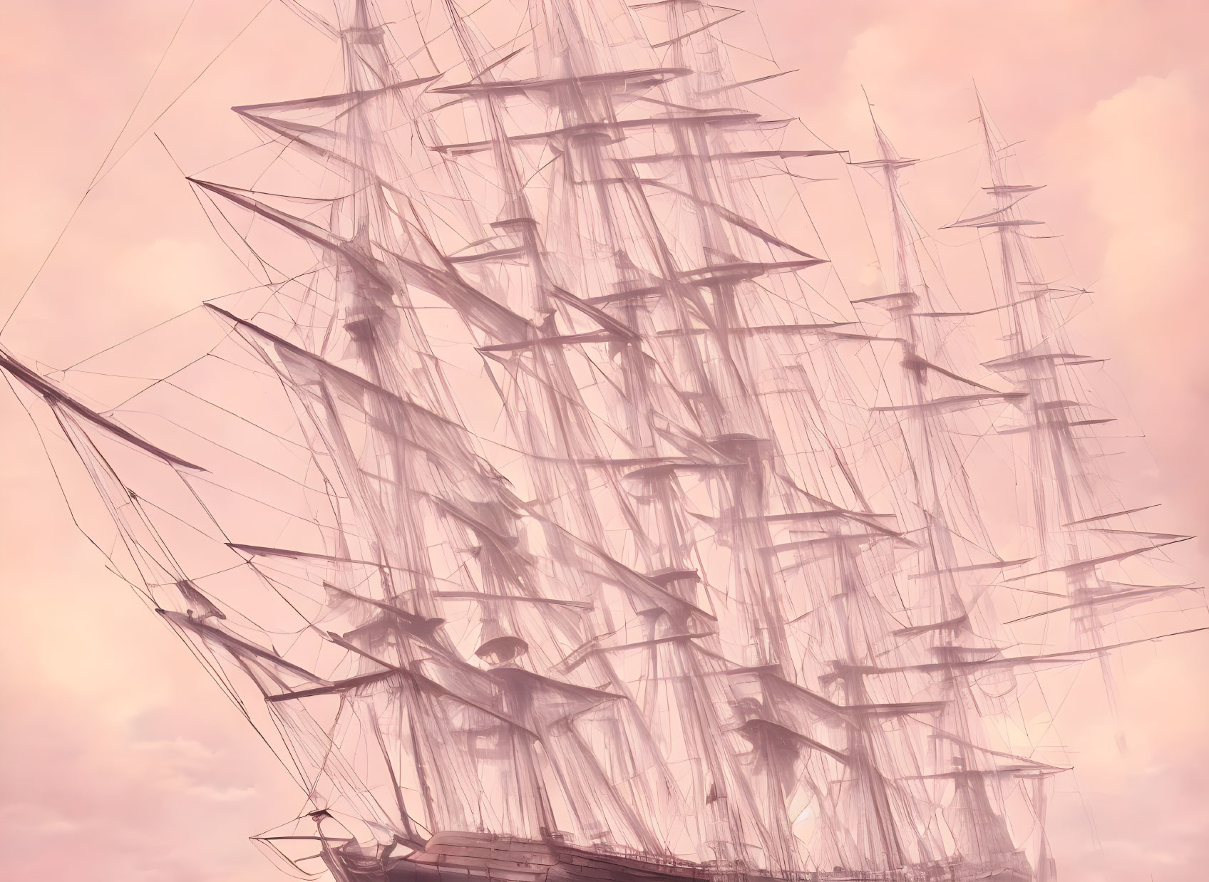 Tall ship with multiple masts and sails in pink sky