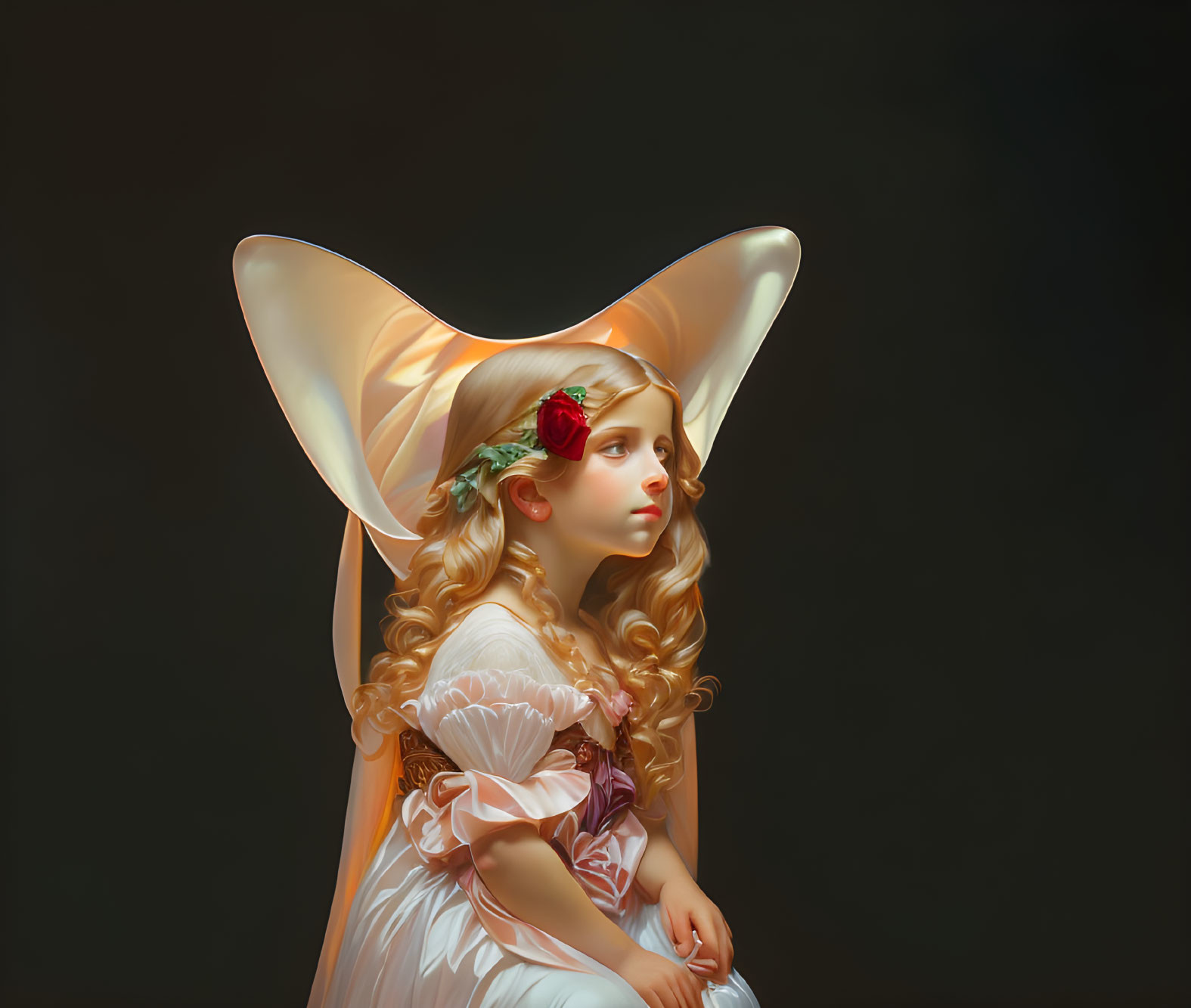 Curly-Haired Girl in White Flowered Bonnet on Dark Background