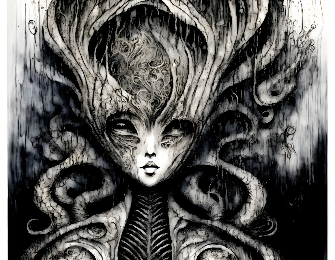 Surreal monochrome illustration of female figure with tentacle-like head adornments