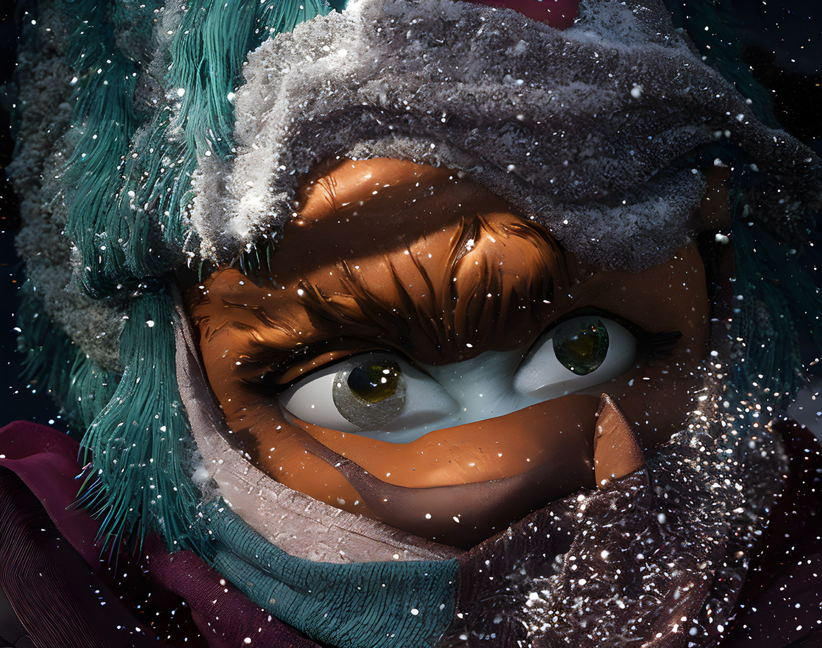 Person's Face Covered with Snowflakes, Amber Eyes Detail