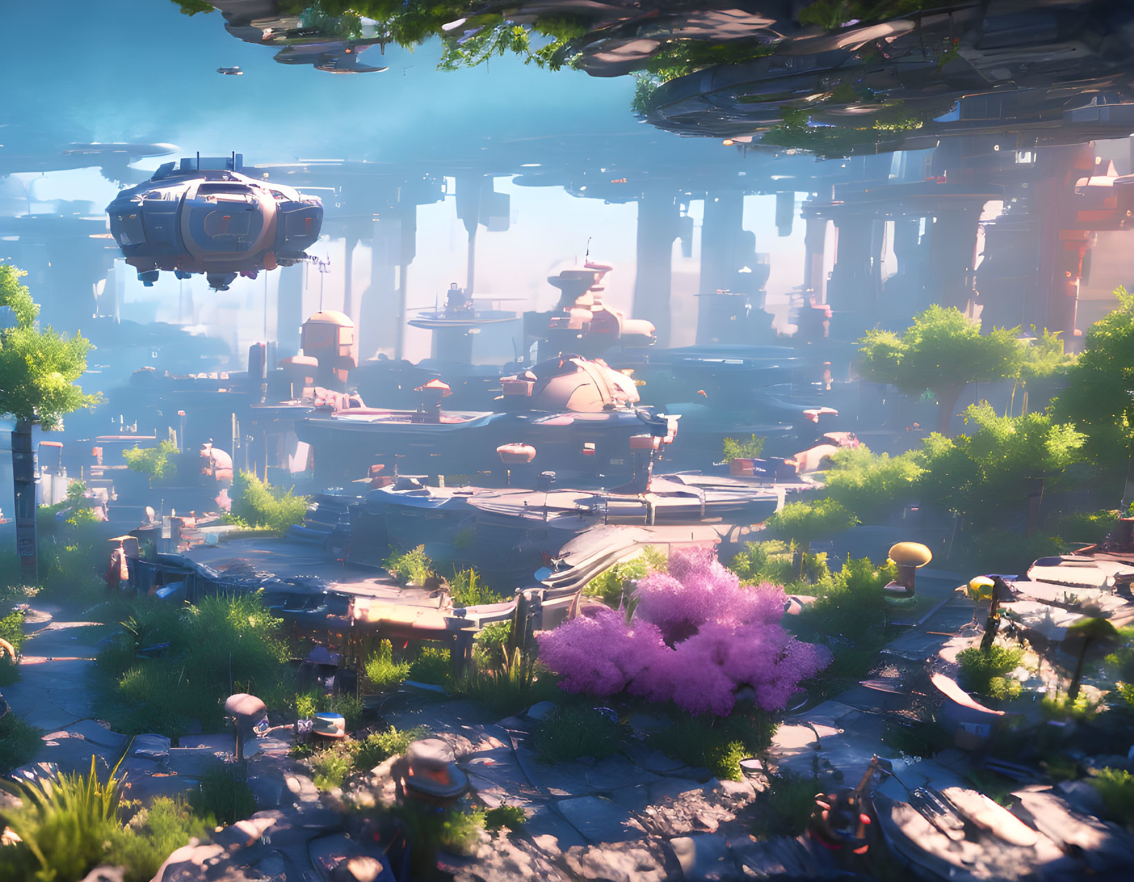 Futuristic cityscape with greenery, floating ships, and advanced structures