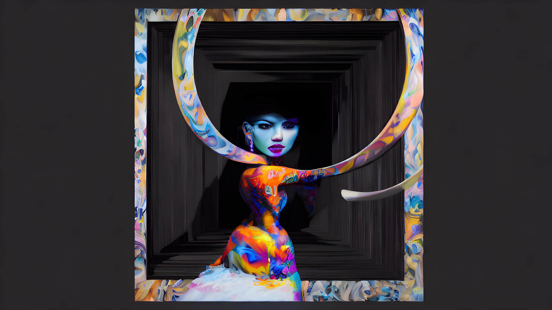 Colorful digital artwork: Woman with dramatic makeup in abstract portal