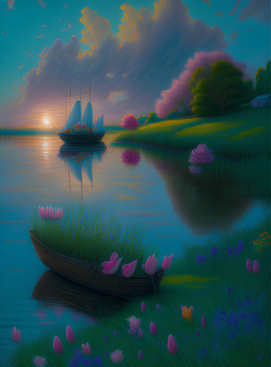 Colorful painting of boat on river with flowers, sailing ship, and sunset.