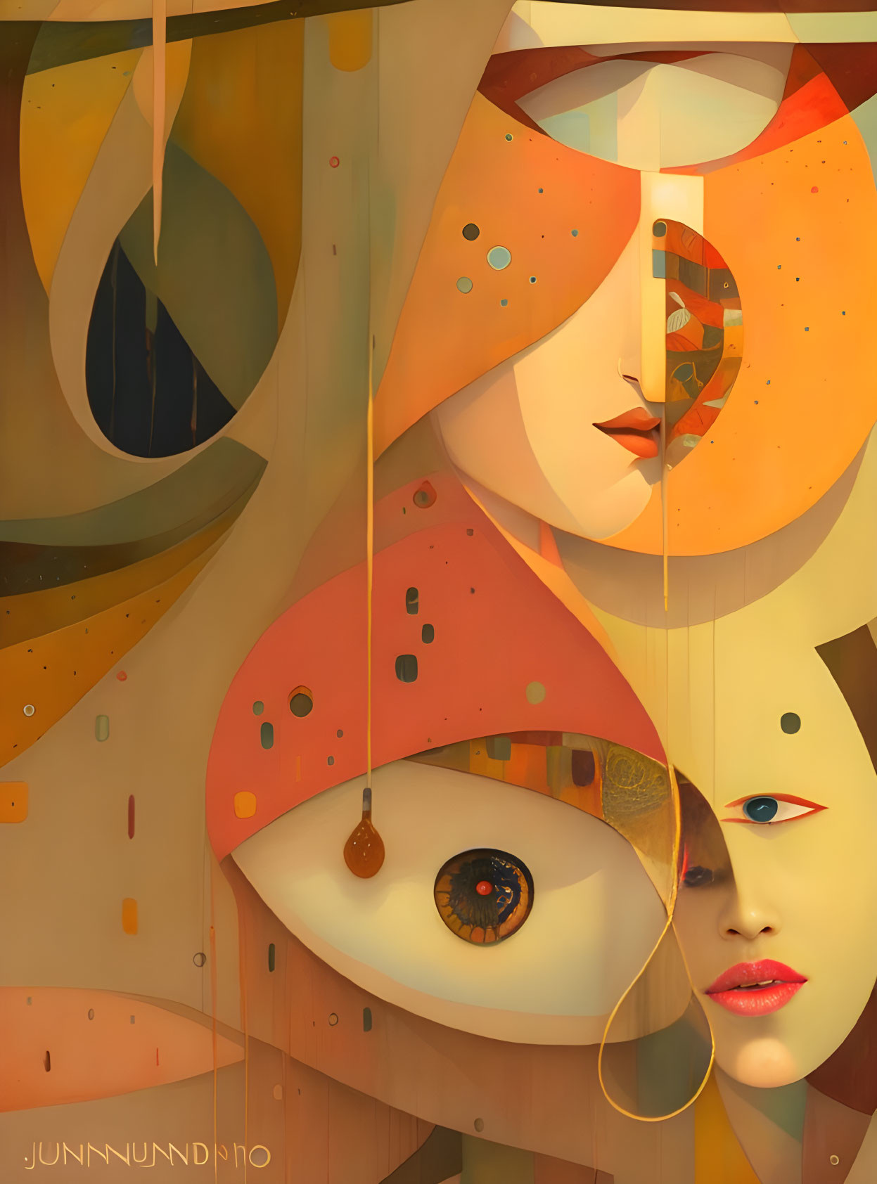 Fragmented Female Faces Painting with Warm Hues & Detailed Eye