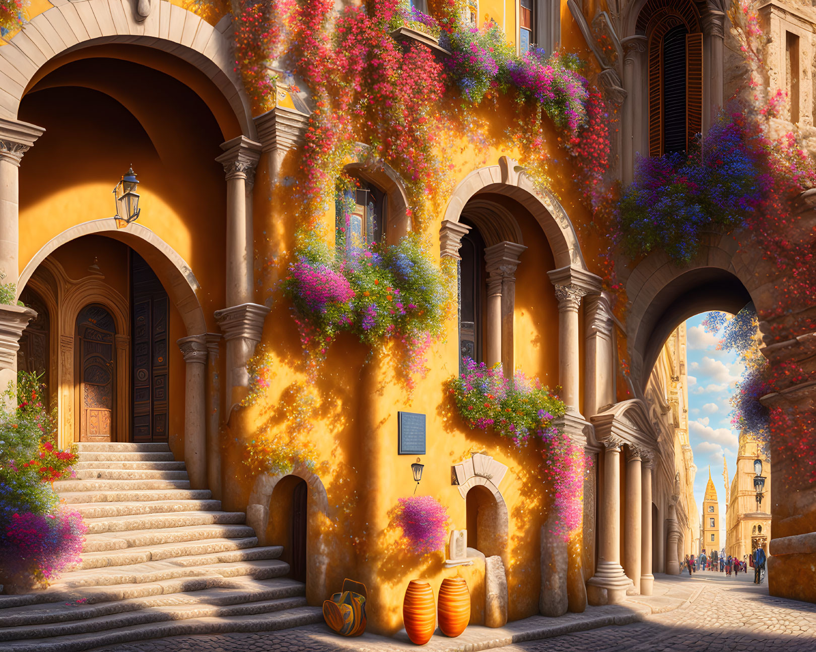 Colorful European Alley with Arches and Flowers