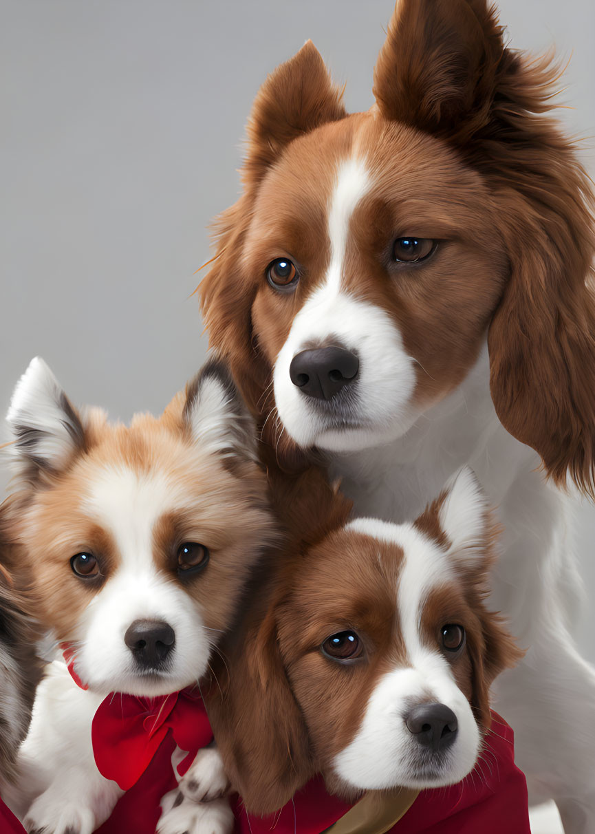 Fluffy Papillon Dogs with Alert Expressions on Grey Background